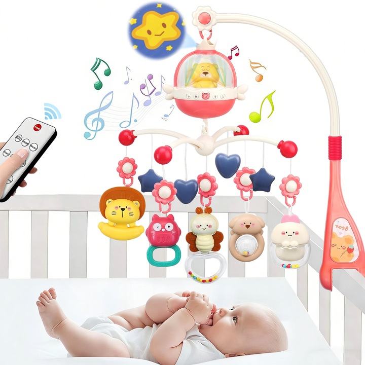 Carusel muzical patut bebelusi, Morovan, Carusel multifunctional pentru patut, cu muzica si lumini, 360° rotativ, 5000 Cantece, 5 jucarii zornaitoare detasabile, multifunctional, proiectie, control de la distanta, Setare Timer, Roz