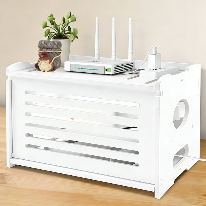 Raft suport router wireless, Morovan, Raft Suport pentru Router Wireless, cu posibilitate montare pe perete, Cutie Suport Router Wireless, pentru mascare fire si echipament WI-FI, Usi duble, plastic, suport cablu, 30x24x21cm, Alb