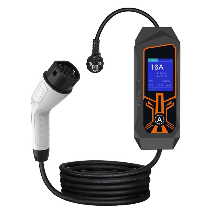 Statie de incarcare auto electrica portabila 3.5kW, Investo Shop, 16A, reglabila, mufa Type 2 (UE), certificat IEC 62752, cu husa transport
