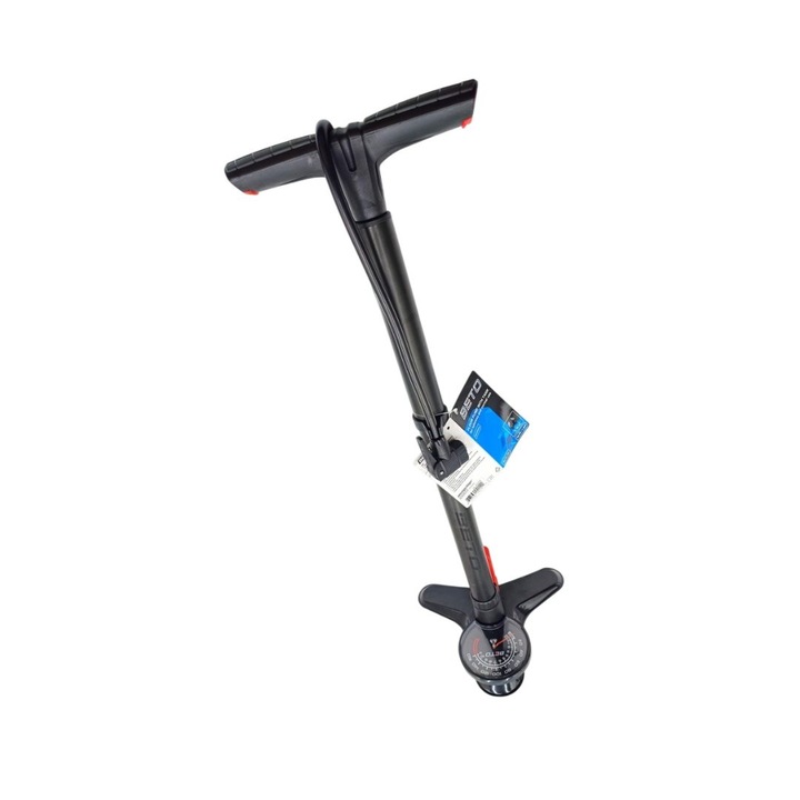 Помпа за под BETO с резервоар за безкамерни гуми, двойна глава + аксесоари за топка/матраци, манометър, макс. 11 бара (160 psi), черна