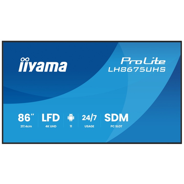 Iiyama 85.6" IPS LED professzionális képernyő LH8675UHS-B2AG, UHD 3840 x 2160, HDMI, DisplayPort, fekete hangszórók