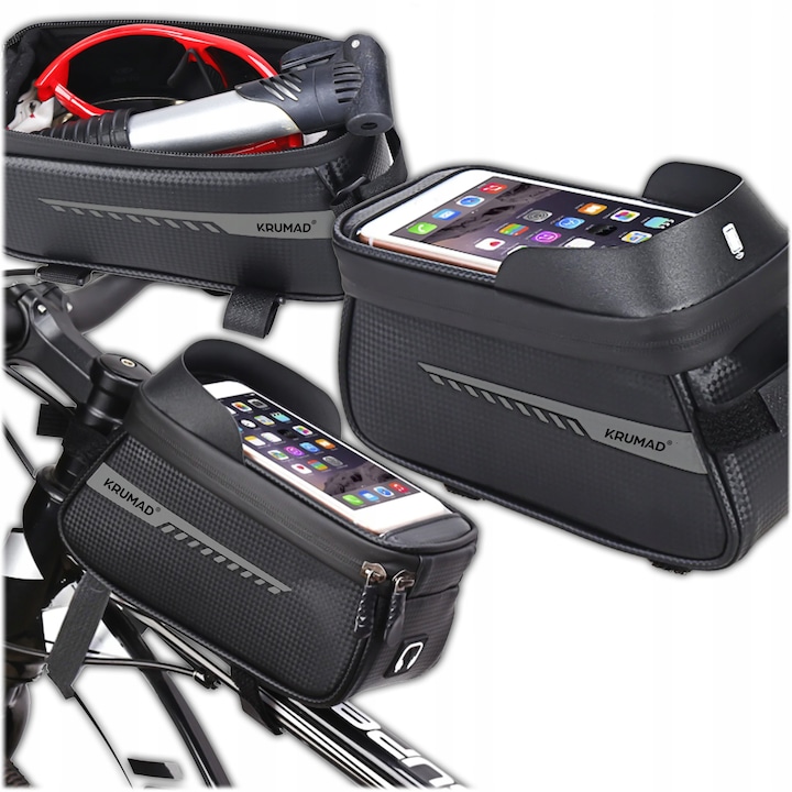 Geanta Bicicleta pentru Cadru, Borseta Impermeabila cu Suport Telefon, Compartiment Mare Depozitare, Montare Rapida pe Cadru, Accesorii Ciclism MTB si Bicicleta de Oras, Negru
