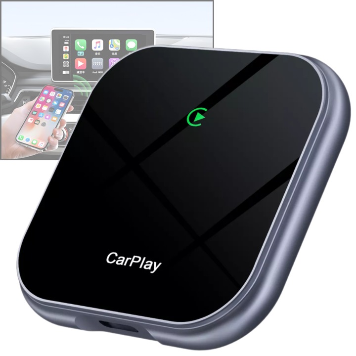 Безжичен 2 в 1 адаптер за Carplay и Android Auto MOGODA®, Съвместим с IOS 10+ и Android 11+, WiFi 2, 4Ghz и 5Ghz, AI процесор, За автомобили с фабрично подключен Carplay/Android Auto чрез кабел, Plug and Play, USB-A/C връзка, Черен