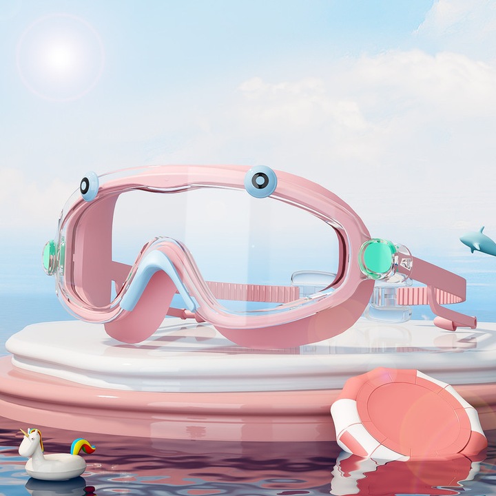 Ochelari de inot pentru copii, ZOUN, inalta definitie, anti-aburire, impermeabili, cu dopuri pentru urechi, lentile cu unghi larg, roz