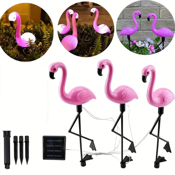 Set Lampe solare in forma de flamingo roz pentru gradina, 600 mAh, 50.8 cm - 3 buc