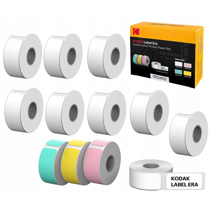 12 tekercses Kodak öntapadós címkekészlet ERA M50 nyomtatóhoz, 9 fehér, 1 rózsaszín, 1 zöld, 1 sárga, 13x30 mm