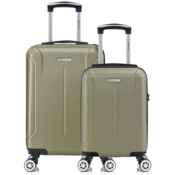 Set 2 trolere cabina, Quasar & Co.®, 40x30x20 cm cu roti detasabile si 55x35x20 cm, bagaj de mana, troller cu fermoar antifurt, cifru, maner telescopic lung, geamantan 4 roti duble 360°, valiza ABS 2.8 mm rezistent, 10kg, Smart, sampanie