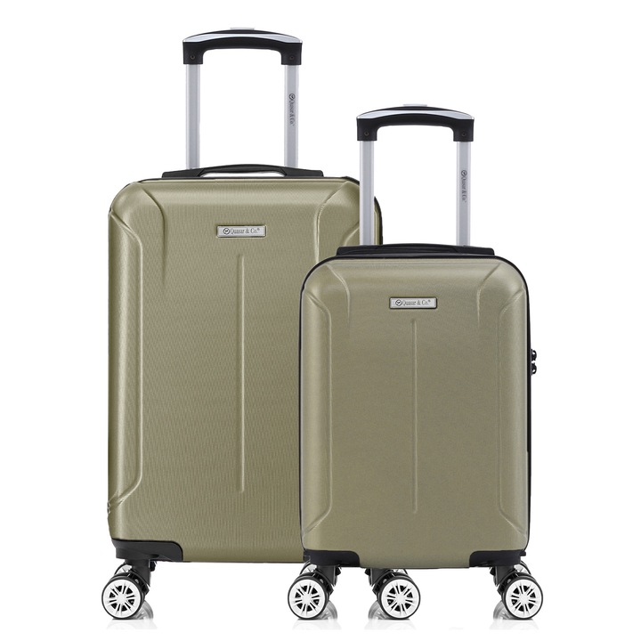 Комплект куфари за ръчен багаж в самолет, Quasar & Co.® модел Smart, 55x35x20 см/40x30x20 см 4 двойни безшумни колела 360°, ABS 2.8 мм, цип с защита срещу кражба, кодово заключване, телескопична дръжка, до 10 кг, Шампанско