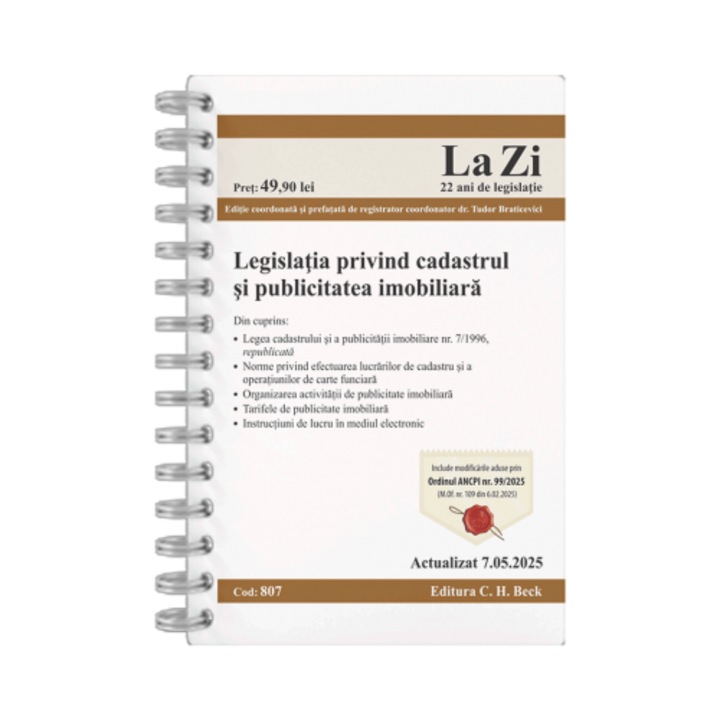 Legislatia privind cadastrul si publicitatea imobiliara. Cod 807. Actualizat la 7.05.2025