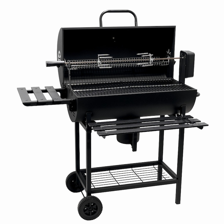 Gratar pe carbuni KLUGMEISTER KY1813D, material otel, cu capac si roti deplasare, cu rotisor, suprafata gatire 71x35 cm