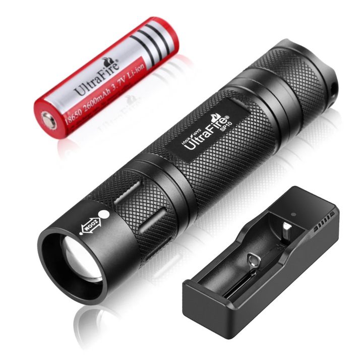 Тактически фенер UltraFire SP10, 1000 лумена, с възможност за мащабиране, водоустойчив, комплект фенерчета с батерия и USB кабел
