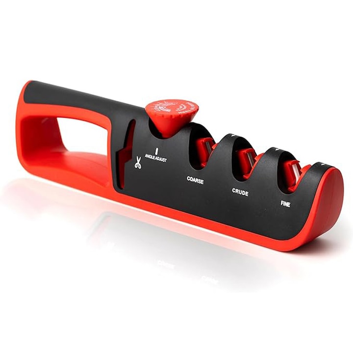 Aparat Profesional Manual, Rqiurpn, 4-in-1, ascutire, finisare, slefuire, indreptare, pentru cutite si foarfece, 14-24 grade, cu suport antiderapant, Rosu Negru