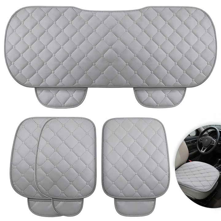 Set 3 Protectii scaune auto, JFYU, Huse Scaun Auto, Protectie matlasata pentru sezut bancheta spate, Design anti-alunecare pe partea din spate, Protectii spatar scaun cu buzunar (Gri)
