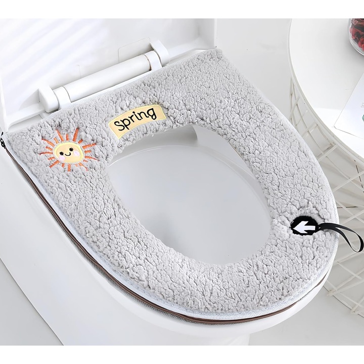 Калъф за тоалетна чиния TREXORA, сив, удобен дизайн с дръжки, ултра мек фланелен материал, универсален размер