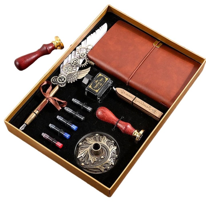 Set caligrafie vintage cu pana, 7 in 1, suport, calimara, rezerve cerneala 5 culori, agenda piele, ceara aurie pentru sigiliu, alb