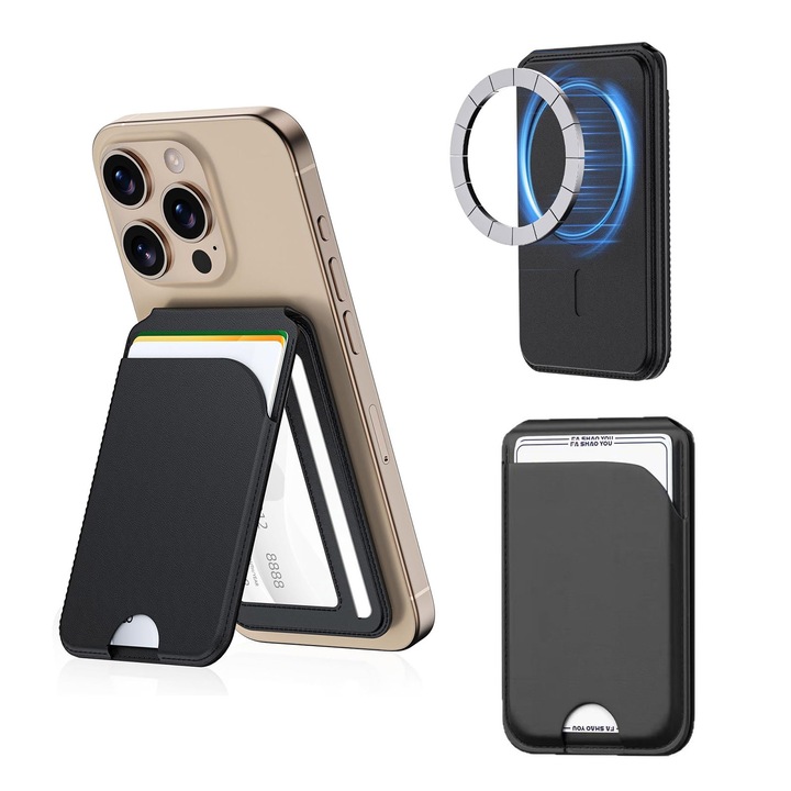 Portofel Magsafe, Suport rotativ cu unghi reglabil 0-150 °, RFID, piele ecologica, aspiratie magnetica, capacitate 3 carduri, compatibil iPhone 12/13/14/15/16 si Huse MagSafe, YQLAFT, Negru