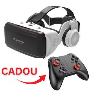 Ochelari VR 3D cu Casti si Gamepad, Lentile Reglabile Acril, Sunet Imersiv 9D, Compatibil Android si iOS, pentru Telefoane 4.7–7.8 inch, Experienta Virtuala pentru Jocuri si Filme, Design Modern Alb, Control Interactiv 360°