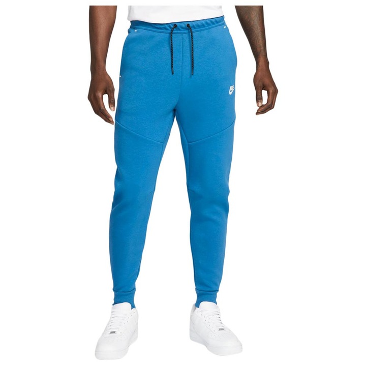 Pantaloni sport Nike, Tech Fleece, conici, cu buzunar cu fermoar, bumbac, albastru