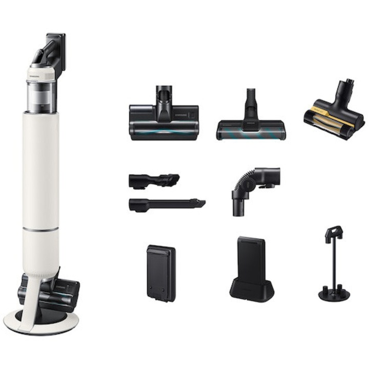 Вертикална прахосмукачка Samsung Bespoke Jet AI Lite Complete Extra VS80F28DES/GE, Всмукателна мощност 280 W, Инверторен мотор HexaJet, HEPA филтрация, WiFi, AI Cleaning 2.0, Jet Dual Brush+, Четка Pet+, Автономия 120 мин, Santorini Beige