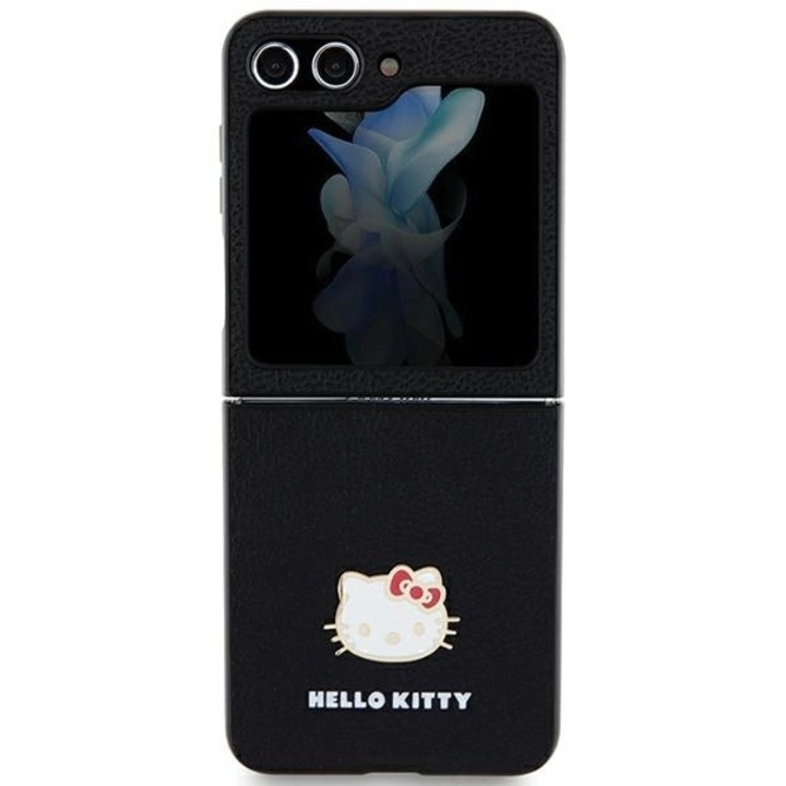 Кожен калъф с метално лого Hello Kitty, съвместим с Samsung Galaxy Z Flip 5, черен
