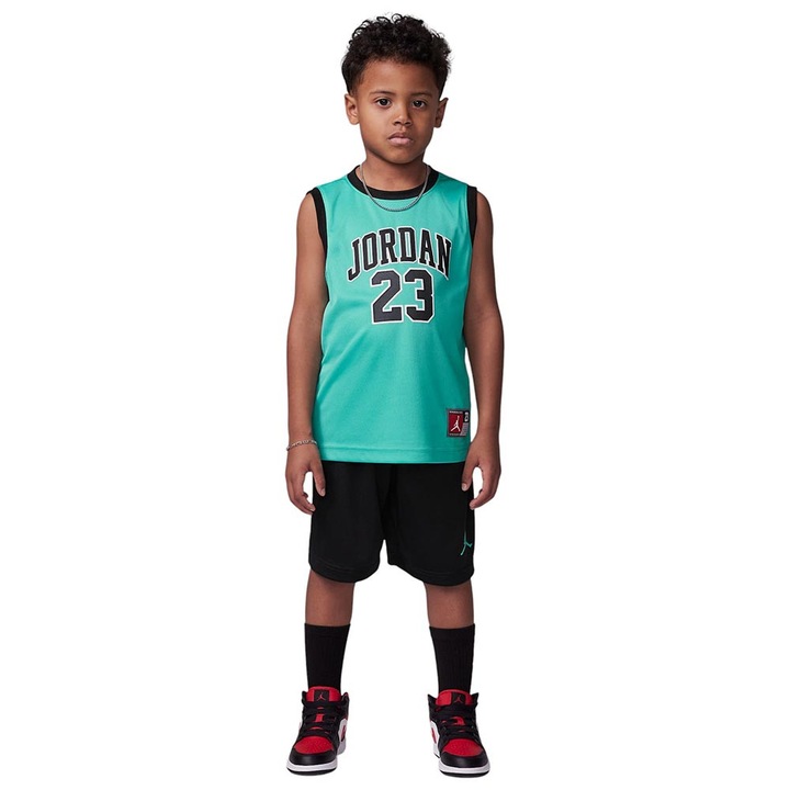 Compleu pentru copii Jordan, tricou si pantaloni scurti, bumbac si poliester, negru/turcoaz, 117-122 CM