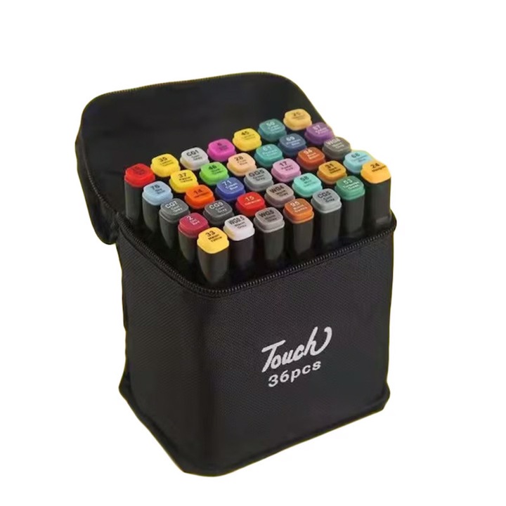 Set 36 carioci Touch cu 2 capete (1 mm + 7 mm), pe baza de alcool, culori intense, uscare rapida, cu husa textila pentru depozitare