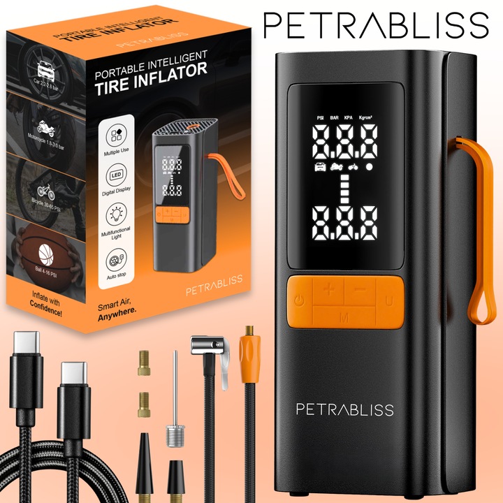 Compresor Auto Portabil PetraBliss, 4in1, Baterie Portabila Auto 12V, Compresor Anvelope 150PSI cu Manometru, Baterie Externa 6000mAh, Lanterna LED, Reincarcabil USB, Pompa Aer Roti, Umflare Rapida Pneuri Masina, Moto, Bicicleta, Saltea, Accesorii Incluse