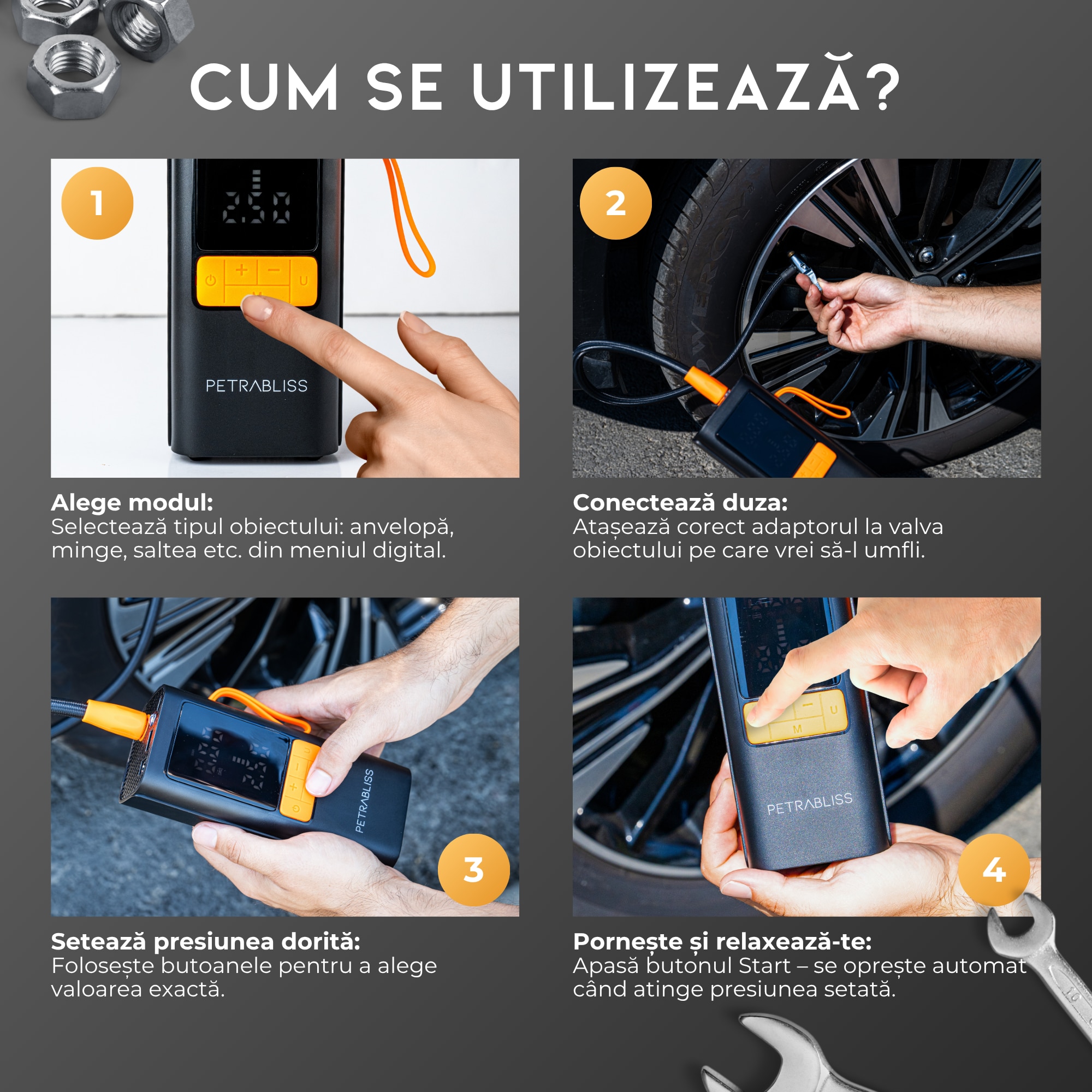 Compresor Auto Portabil PetraBliss, 4in1, Baterie Portabila Auto 12V ...
