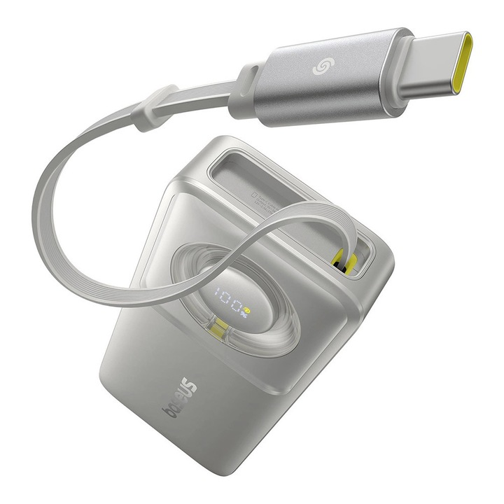 Power Bank 10000mAh, 30W, Cablu Incorporat Type-C, O39, Policarbonat, Baseus Free2Pull P10073701843 00, O39, Policarbonat, Grey