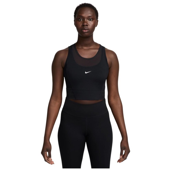 Maiou sport dama Nike Pro Dri-FIT, mulat, crop, ventilat, negru, poliester/spandex
