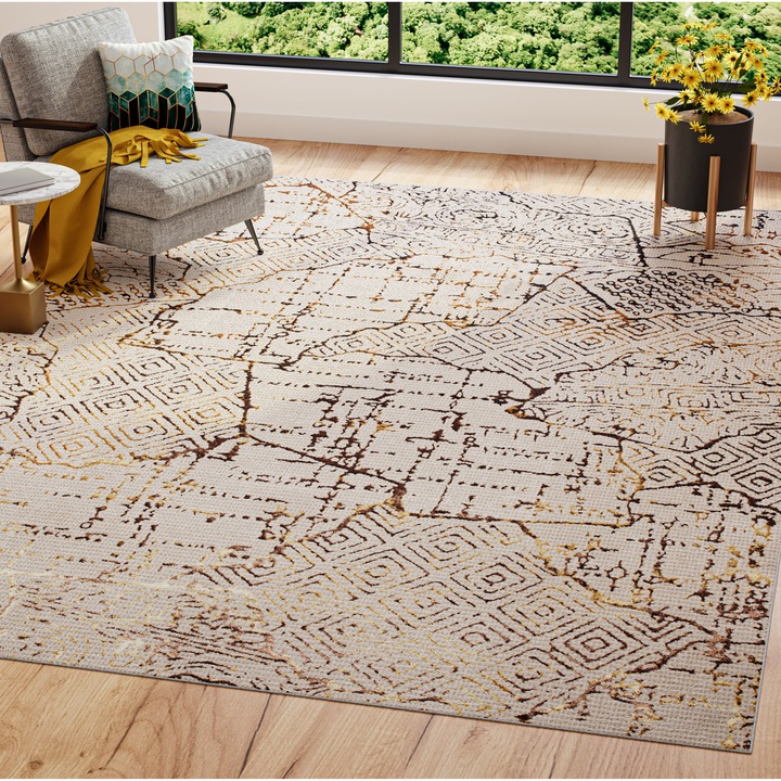 Covor, Tapiso, Golden, 150 x 80 cm, Inaltime Fir 16 mm, Bej, Pentru Living, Dormitor, Rezistent La UV, Rezistent La Pete, Lavabil, Usor de curatat, Rezistent La Intemperii, Impermeabil, Moale La Atingere, 3754