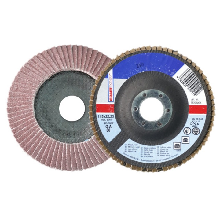 Disc lamelar frontal inclinat, slefuit metal lemn, KRAFTOMAT, 115x22.23, granulatie 60