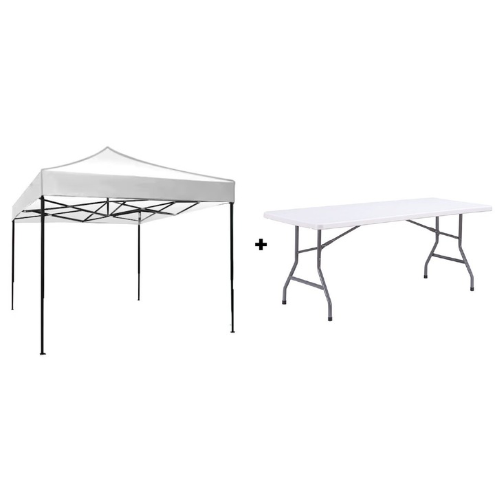 Set Evenimente AT PERFORMANCE® – Cort Pavilion 3x3m + Masa Plianta Dreptunghiulara 180×72 cm, Ideal pentru Nunti, Botezuri, Gratare si Targuri