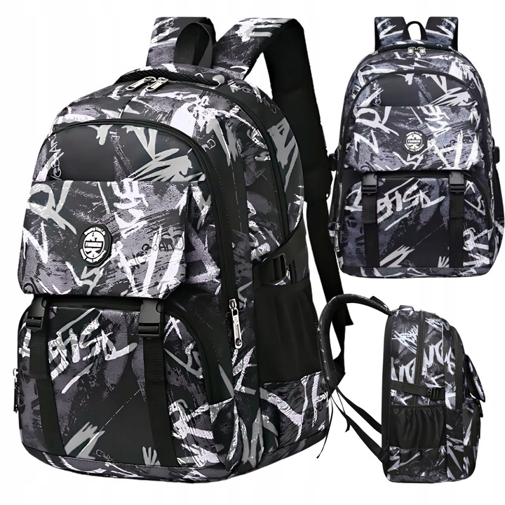 Rucsac Scolar Cu Imprimeu Graffiti, HomeDesign, Material Textil, Bretele Reglabile, Late, Compartiment Principal Mare, Buzunare Frontale Si Laterale, 45,5 x 30 x 22 cm, Negru/Alb