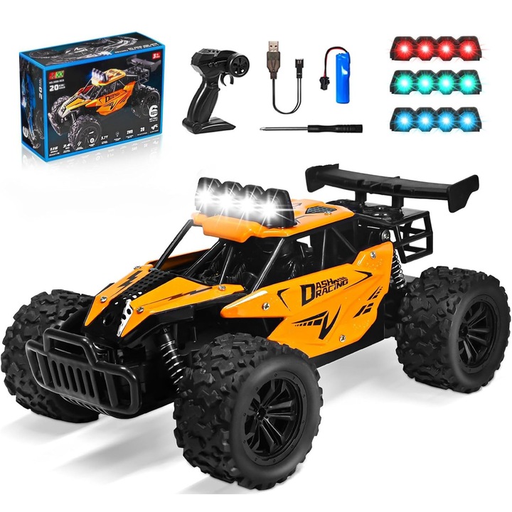 Távirányítós autó 2-1 Kidprotect® RockCrusher Buggy RC, 4 színű LED lámpa, Max. sebesség 20 km/h, 1:16 méretarány, Első-hátsó lengéscsillapítók, Terepjáró, Alumínium karosszéria