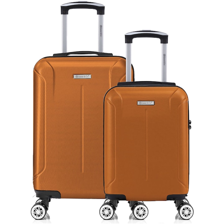 Комплект куфари за ръчен багаж в самолет, Quasar & Co.® модел Smart, 55x35x20 см/40x30x20 см 4 двойни безшумни колела 360°, ABS 2.8 мм, цип с защита срещу кражба, кодово заключване, телескопична дръжка, до 10 кг, Камел