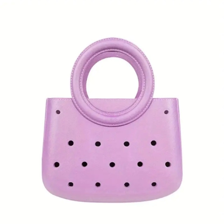 Многофункционална чанта за пазаруване, еластомерен полимер, водоустойчива, перфориран дизайн, фиксирана кръгла дръжка, 26x22x8 см, лилава