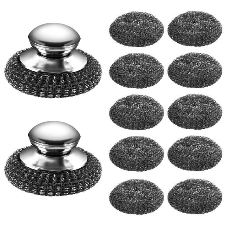 Set 12 bureti din otel inoxidabil cu maner, Axroad Mall, Bureti pentru Vase, Cu 10 capete de perie interschimbabile, Design ergonomic, Usor de indepartat si inlocuit, Pete dificile, Pentru curatarea vaselor, tigailor si gratarelor, 7*10cm, Argintiu