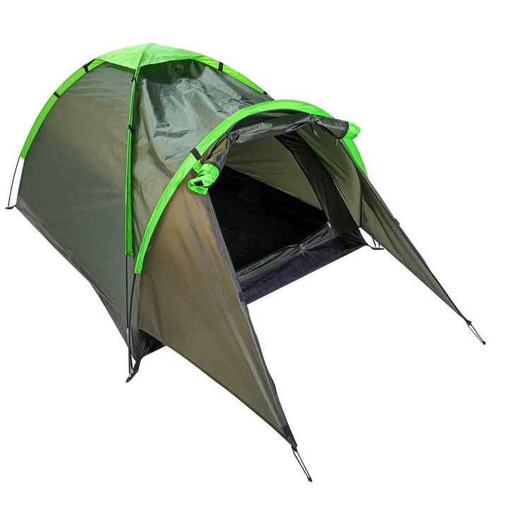 Cort Camping pentru 2 Persoane, 275 x 150 x 105 cm, Impermeabil 3000 mm, Plasa insecte, Montaj rapid si intuitiv, Verde