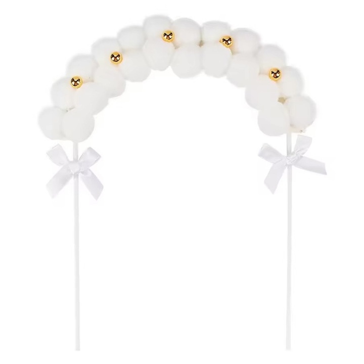 Decoratiune tort cu pom-pom alb si clopotei aurii, 15-17 cm