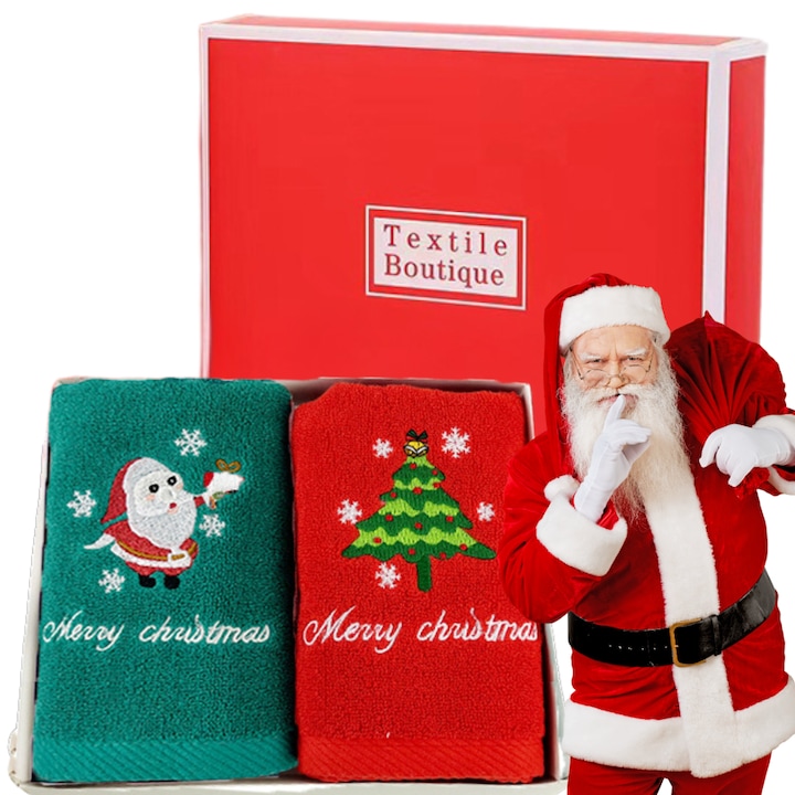 Комплект от 2 коледни кърпи, Openhome, 100% памук, с бродерия на Дядо Коледа и елха, идеални за подаръци и декорация, меки и абсорбиращи, в декоративна опаковка, 72 x 34 см, зелено/червено