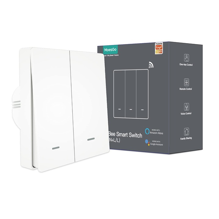 Intrerupator Inteligent – Control Touch, App si Vocal, Fara Condensator, Compatibil Alexa/Google Home – Functioneaza cu Faza sau Neutru, Ideal pentru Automatizari Smart Home, Alb