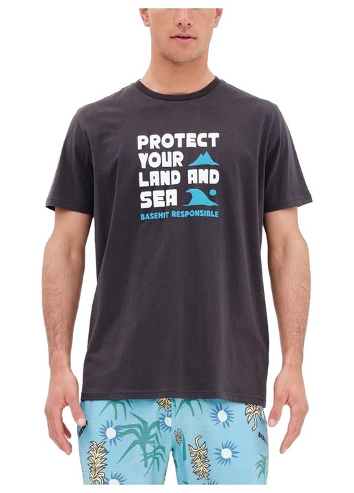 Tricou BASEHIT, regular fit, imprimeu pe piept, negru, bumbac, S INTL