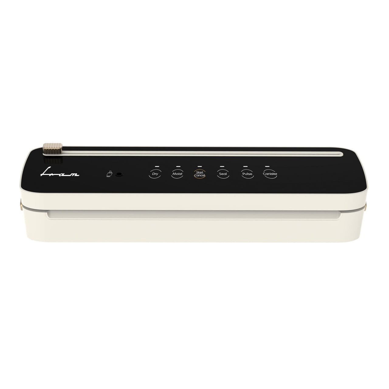 Aparat de vidat si sigilat Fram FAV-100CR-BK, 100W, vidare uscata/umeda, functie sigilare, cutter incorporat, tavita detasabila, vidare caserole, compatibil cu pungi cu latime max. 30 cm, presiune: -0.60 bar, capacitate vidare: 5L/min, crem/negru