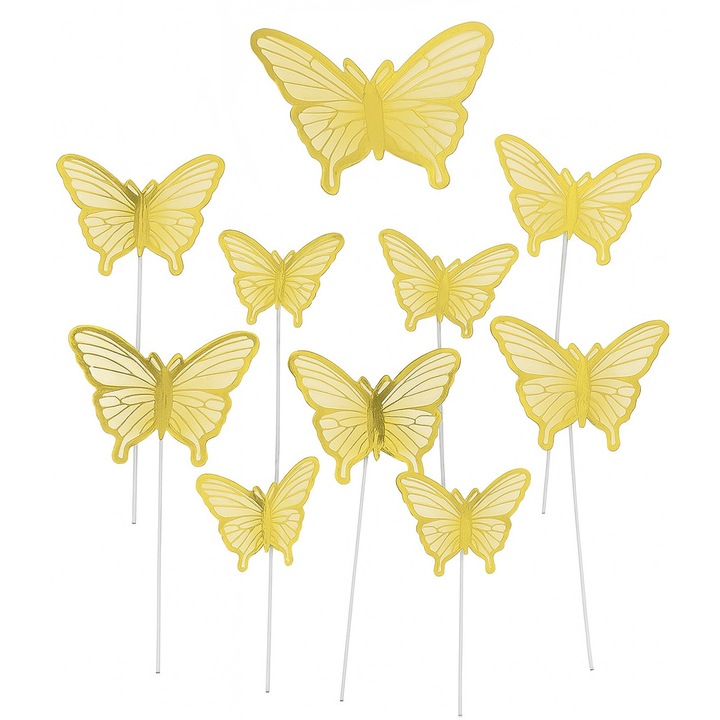Set 10 decoratiuni fluturi 3D, auriu, dimensiuni variate 3.5x8.5cm, pentru torturi și petreceri