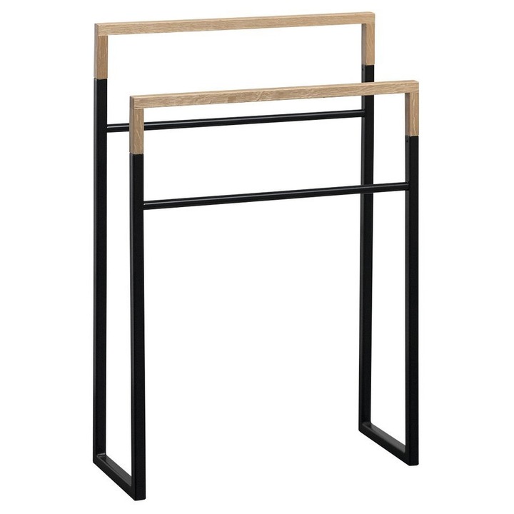 Закачалка за кърпи, Sapho, модел SKA3D, 550x800x200 мм, матово черна, изработена от стомана и масивна дъбова дървесина
