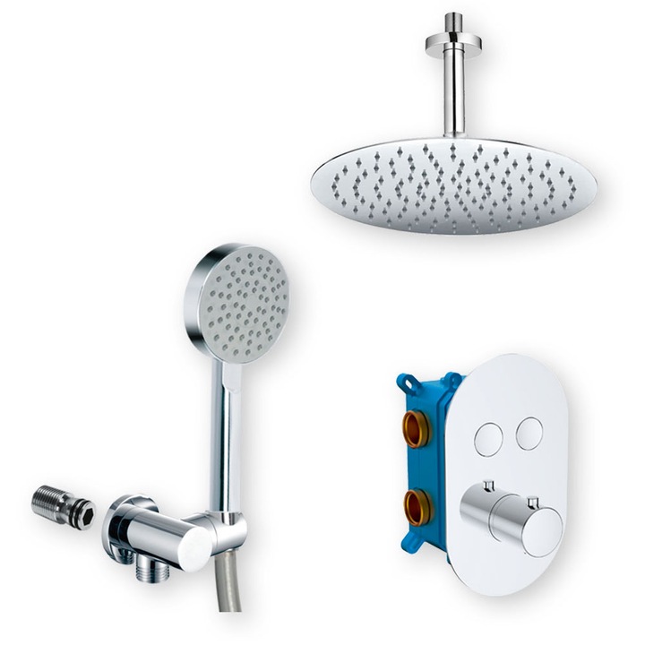 Set de dus Mereo cu baterie termostatica incorporata, 2 cai, capac oval