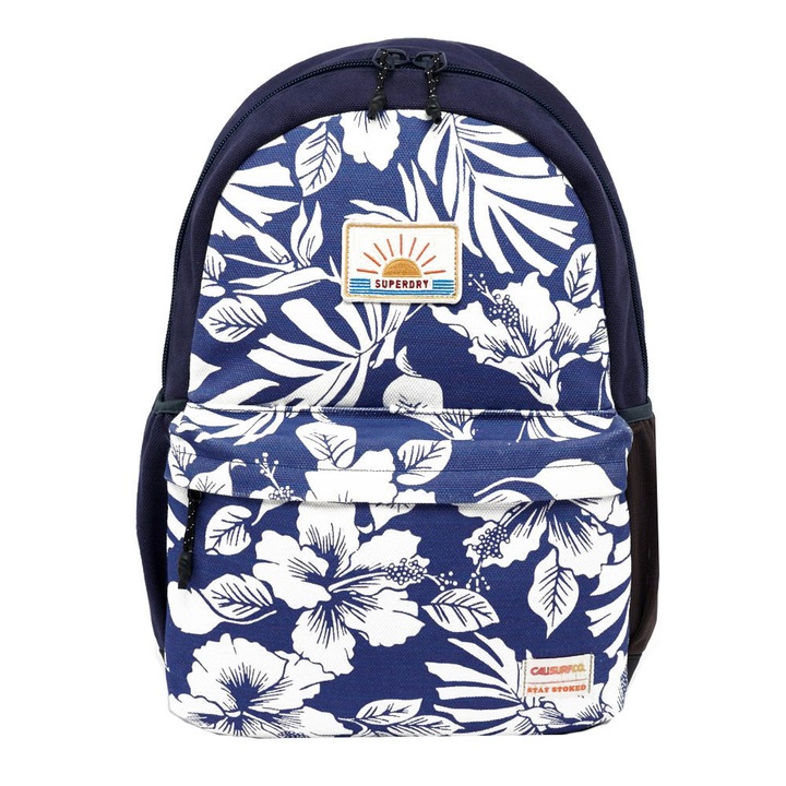 Rucsac Superdry, 48x33x14cm, cu multiple compartimente, albastru/alb