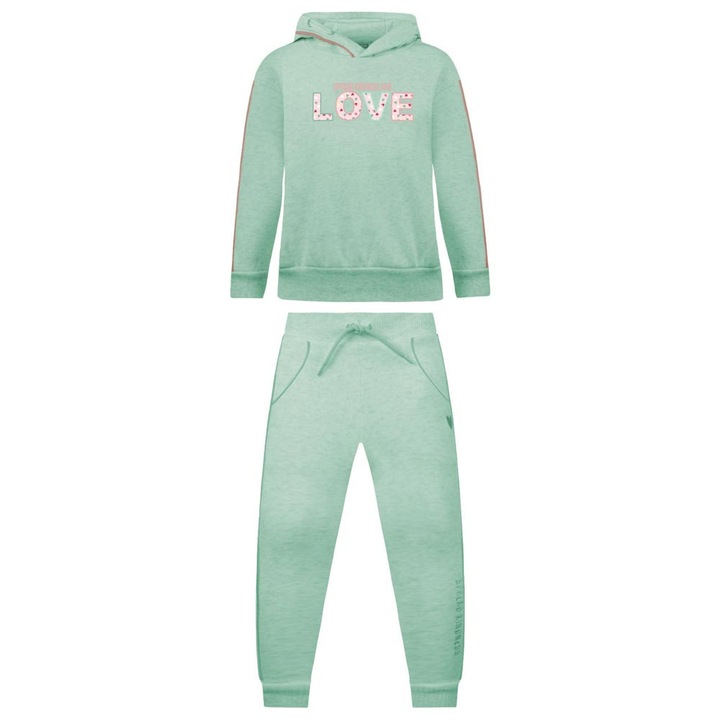 Set trening Energiers, hanorac cu gluga si puf, pantaloni cu snur, broderie, verde, bumbac-poliester