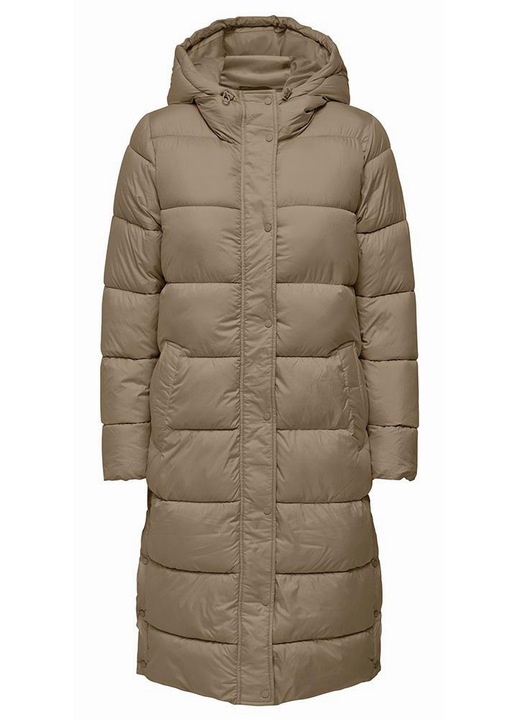 Palton Only, matlasat, lung, cu gluga reglabila, doua buzunare, culoare maro, poliester, S INTL